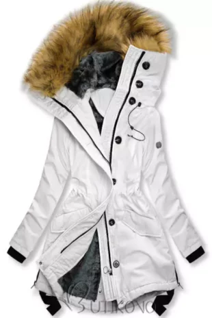Moderna bijela jakna s visokim ovratnikom i krznenim rubom