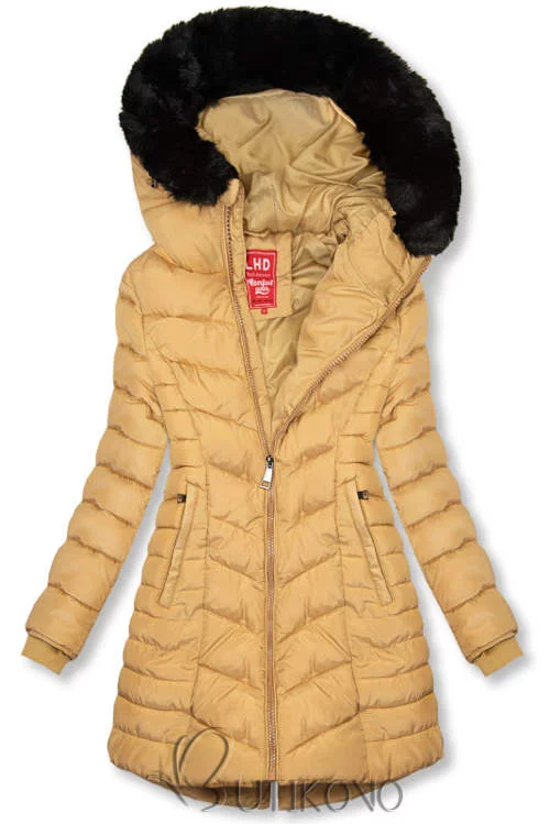 Pješčano smeđa ženska prošivena zimska jakna s krznom