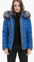 Plava ženska prošivena zimska jakna Kara s kapuljačom s krznom na skidanje