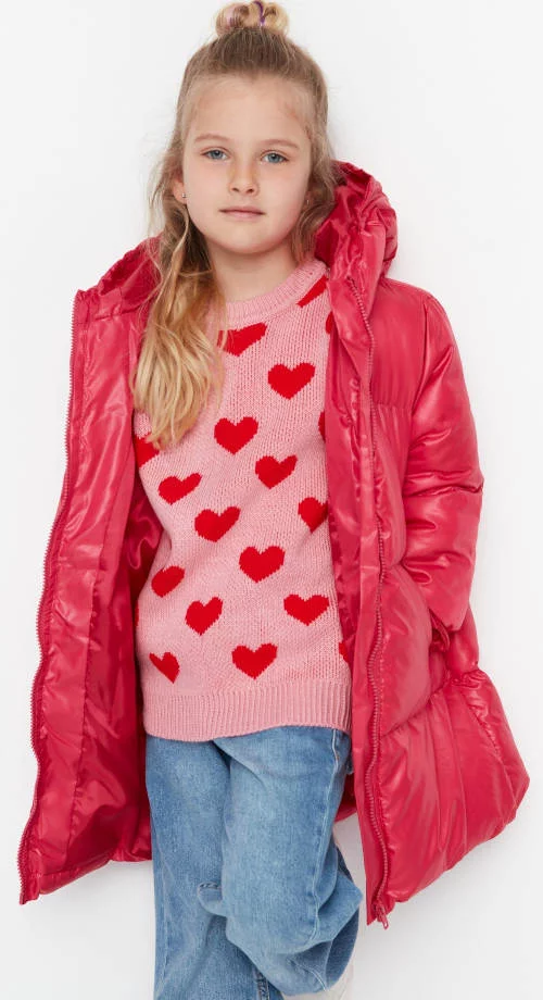 Produžena crvena dječja prošivena zimska jakna za djevojčice
