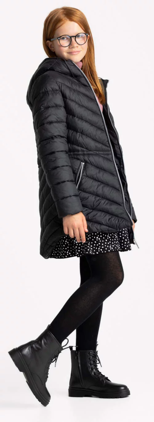 Crna prošivena zimska jakna za djevojčice s kapuljačom