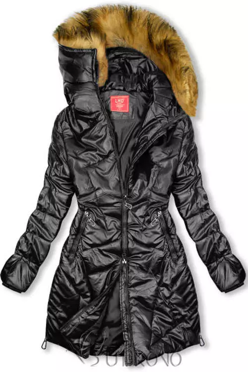 Crna sjajna zimska jakna s kapuljačom i u praktičnoj produženoj dužini
